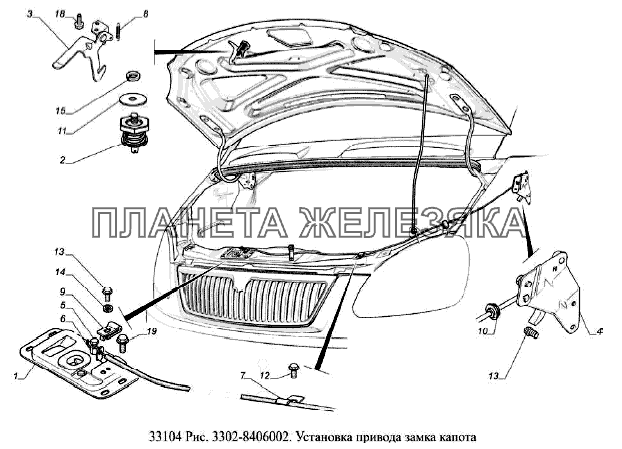 Установка привода замка капота ГАЗ-33104 Валдай Евро 3